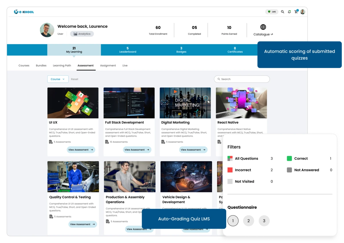 e-KHOOL's Quiz assessment module with interactive exam tool for better analysis of students