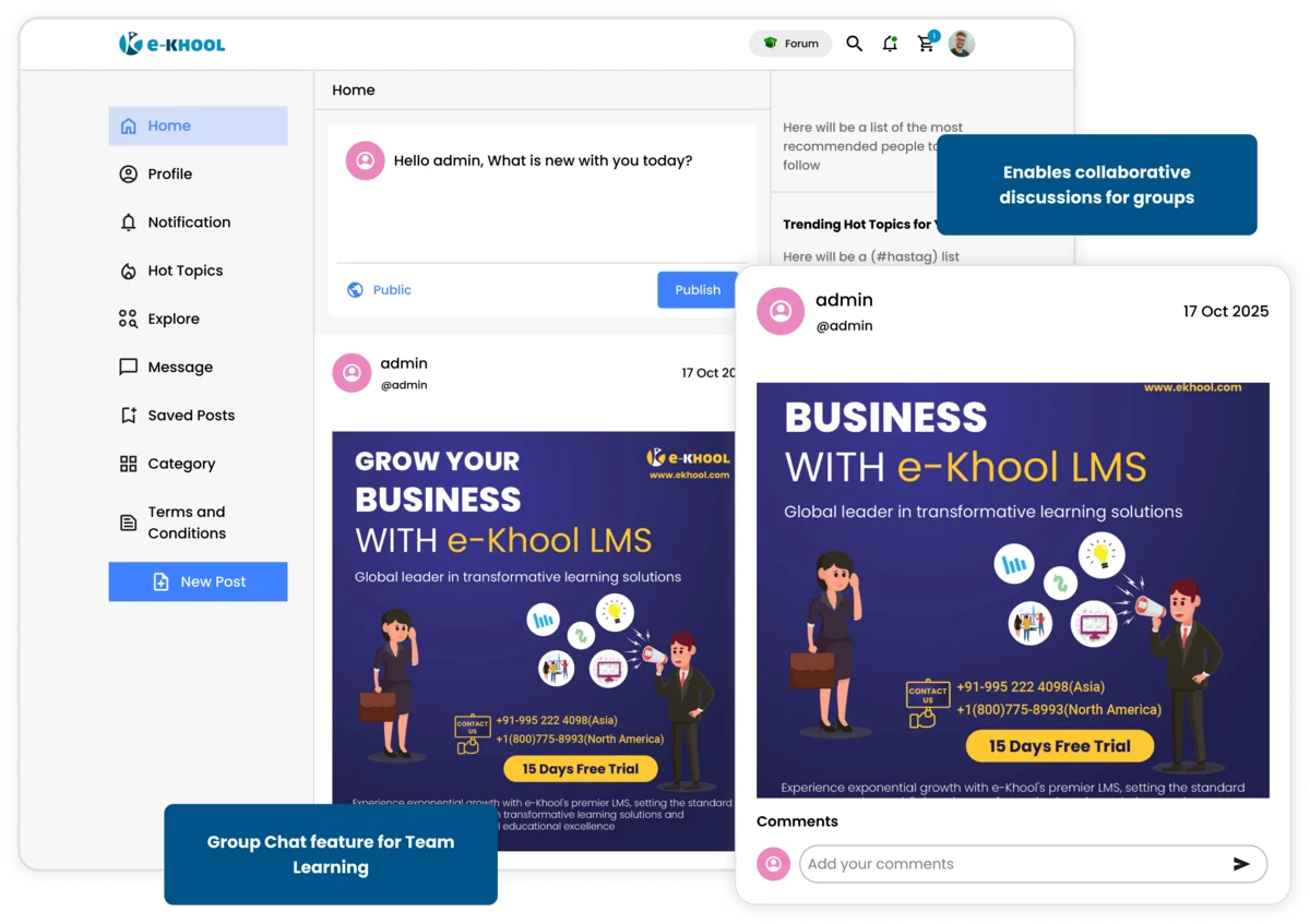 Community space that supports learner engagement and interactive discussions