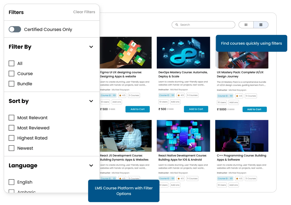 e-KHOOL's course catalog features in filters and sorting options