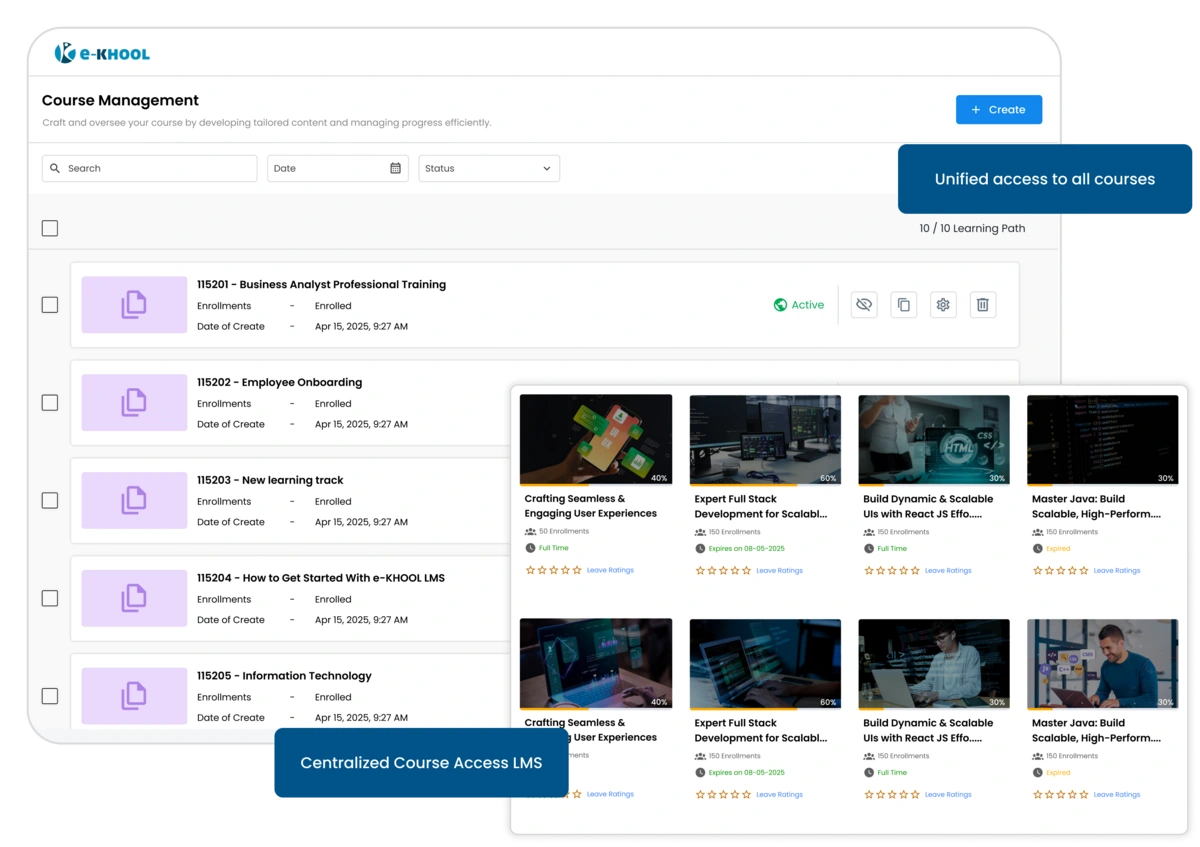 e-KHOOL LMS simplifies the course administration at one point with multiple features