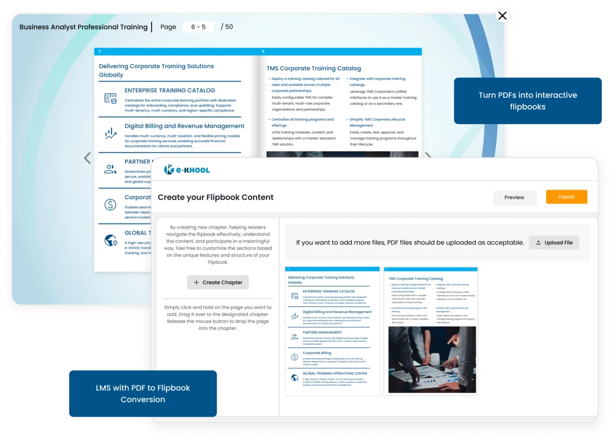 Convert static PDFs into engaging flipbook learning content with advanced features