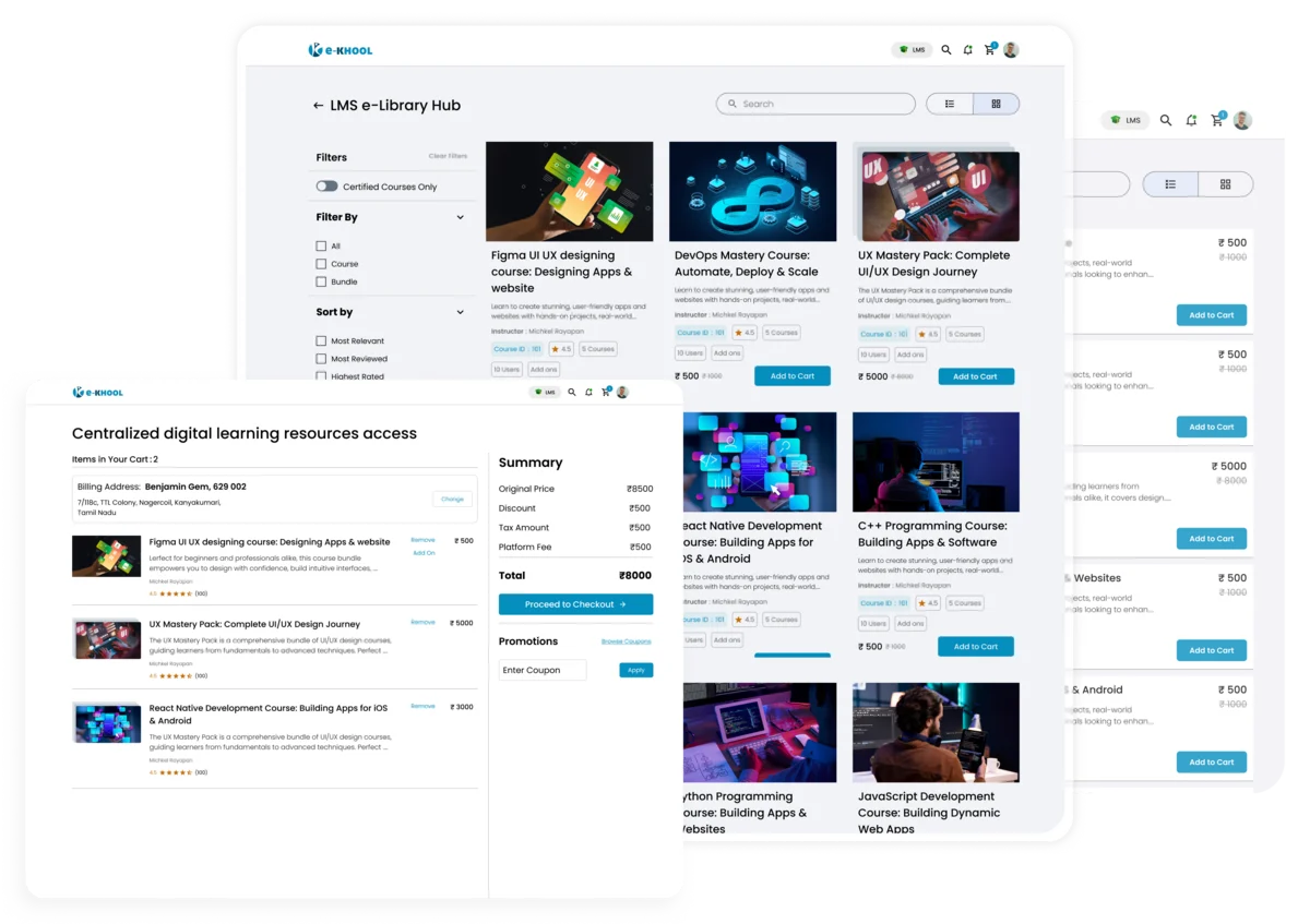 LMS provides e-Library and Resource Hub offering instant access to e-books, courses, and learning resources.