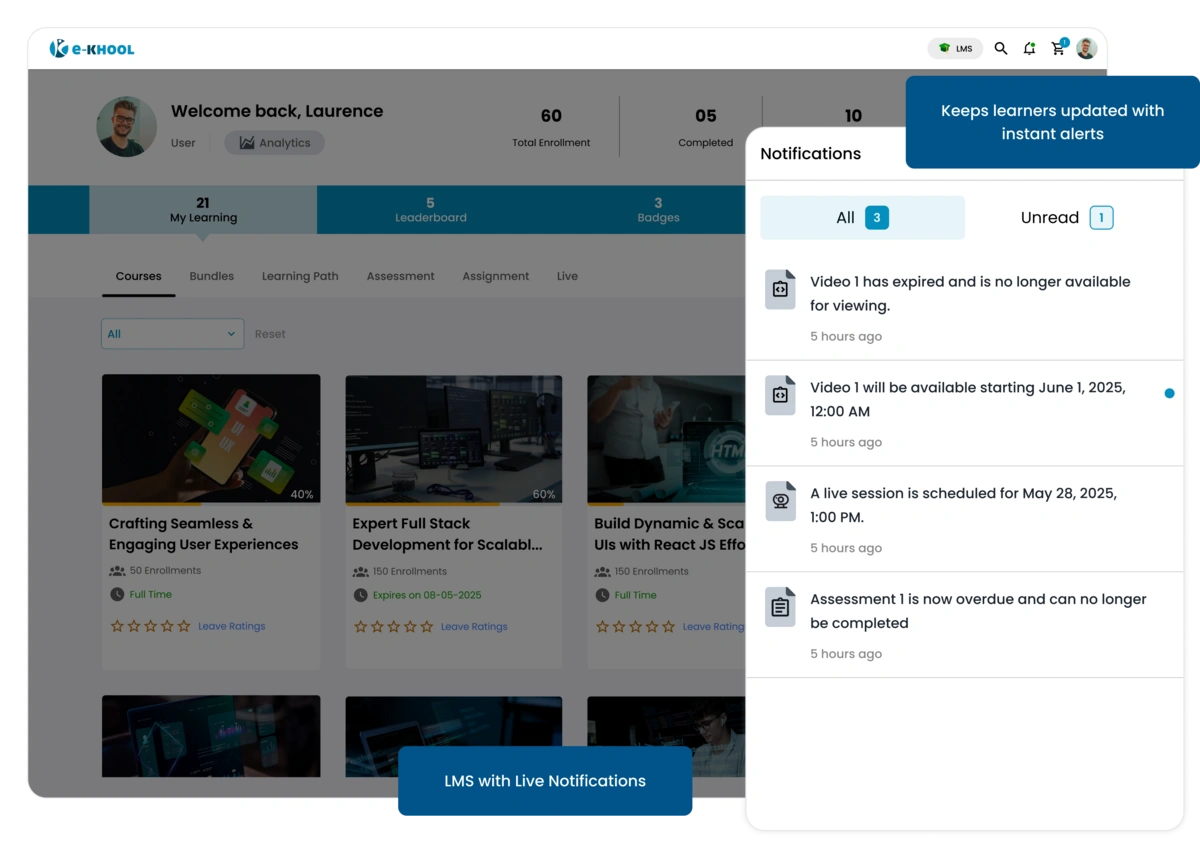 Instant alerts via notification-enabled LMS