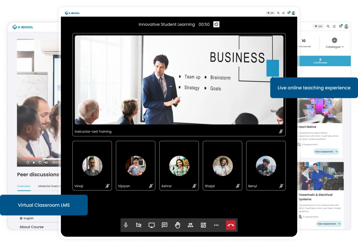 e-KHOOL supports virtual live sessions with Online virtual Classroom integrated LMS solutions for real-time sessions.