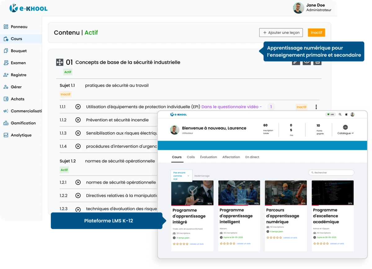 LMS scolaire K-12 : apprentissage en ligne avec classes virtuelles, quiz et suivi des apprenants