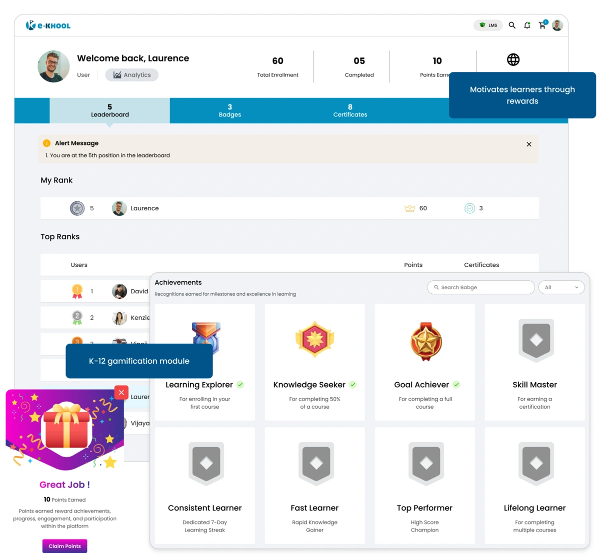 Learners can earn badges, points and a leaderboard by using gamification
